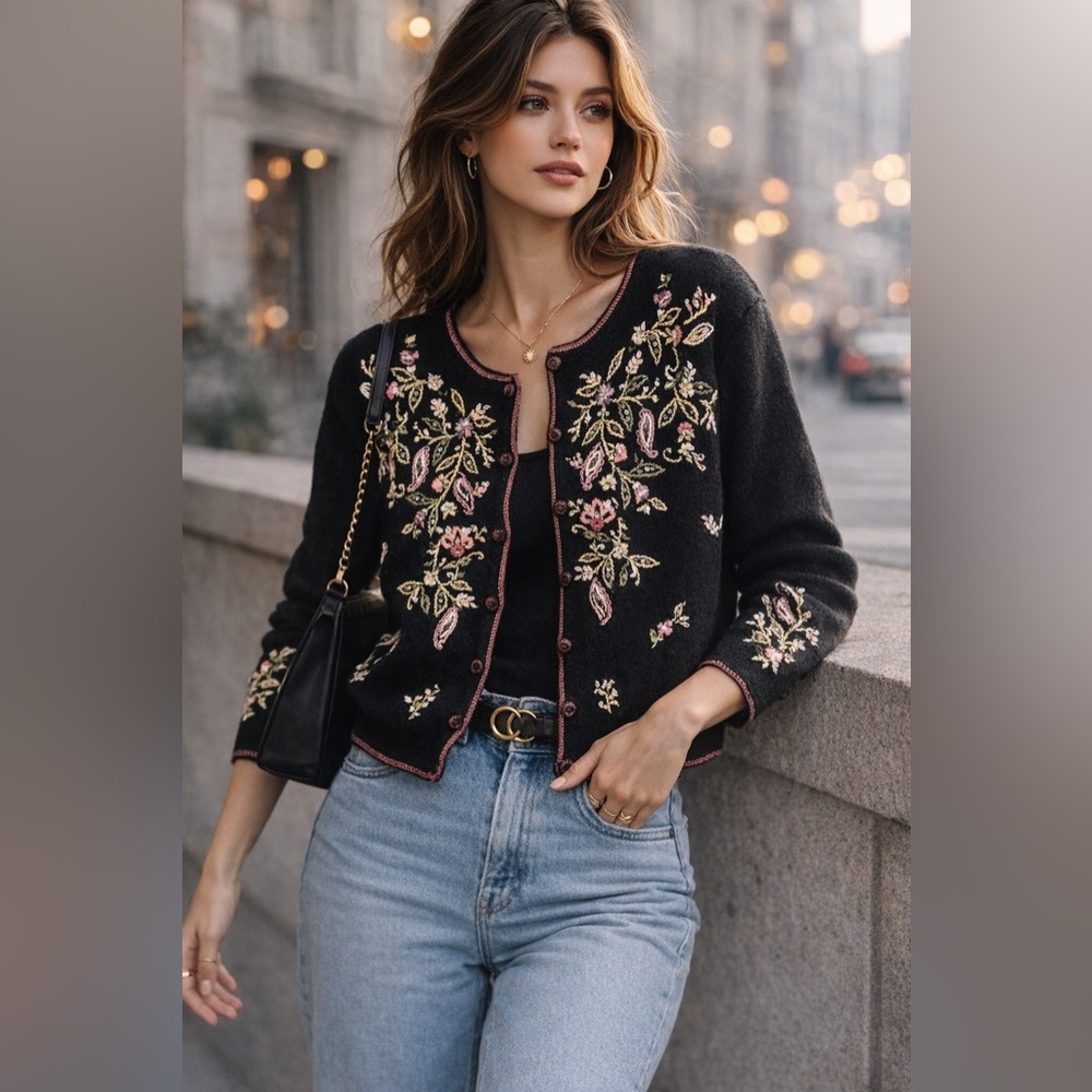 Vintage Heirloom Collectibles Floral‎ Embroidered Cottagecore Boho Cardigan CA1